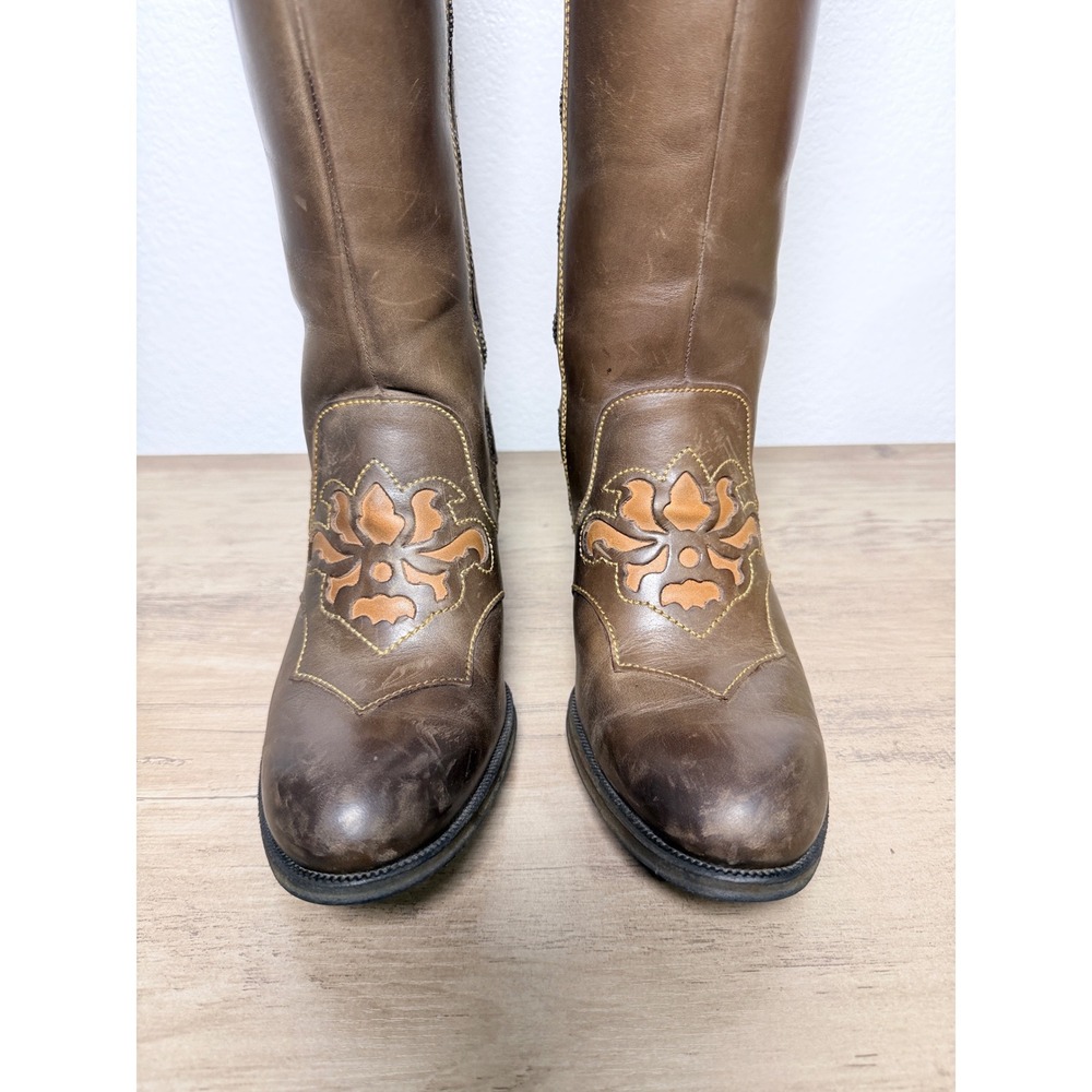 Born Brown Leather Tall Riding Boots Floral Cutout Western D13406‎ Womens 7/38 - Picture 12 of 12
